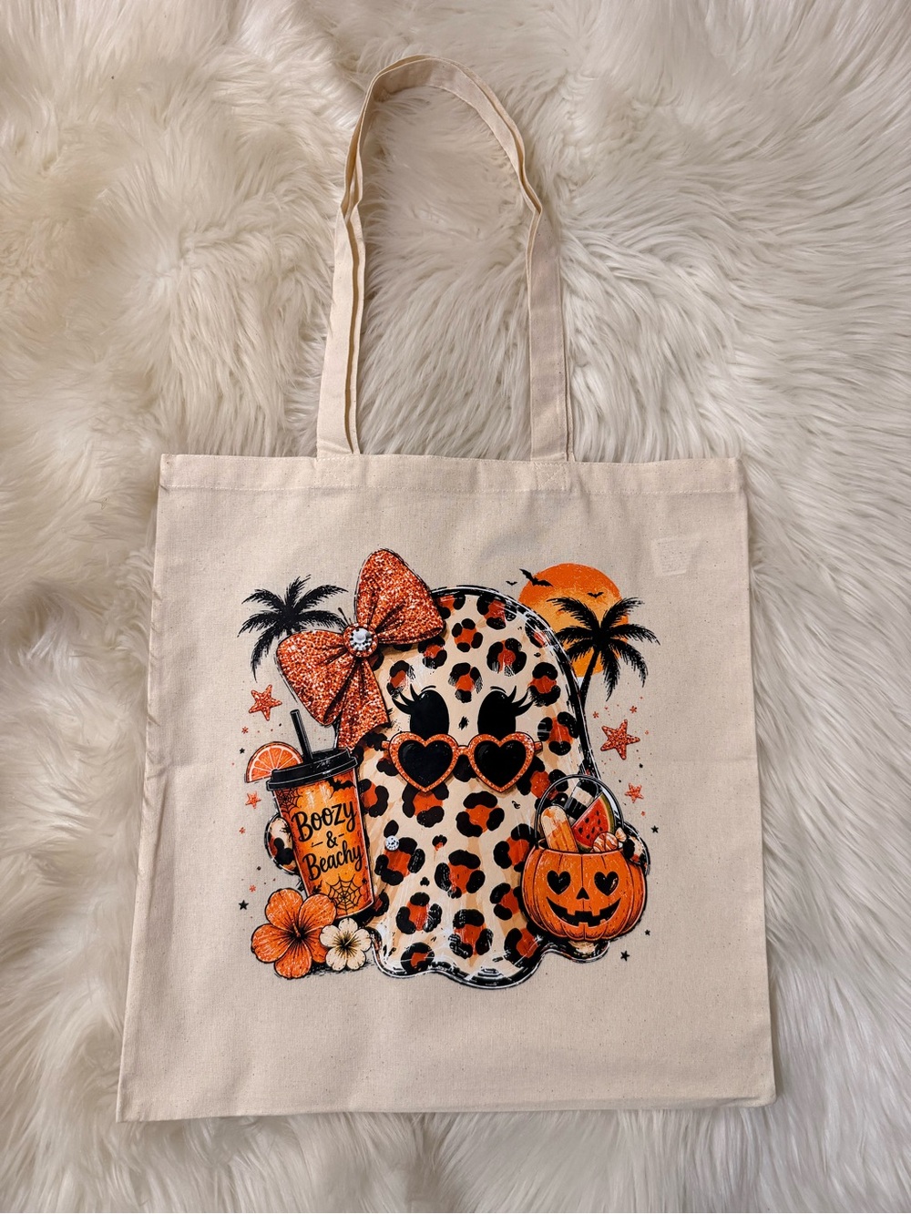 Cream Canvas Tote with Orange Leopard Ghost Graphic
